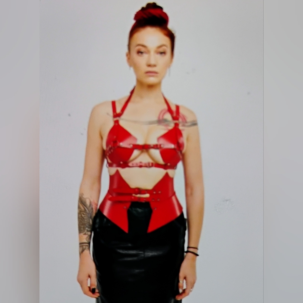 Chic Sexy Black Leather Strappy Women's Top&Belt Custom Made Genuine leather💯